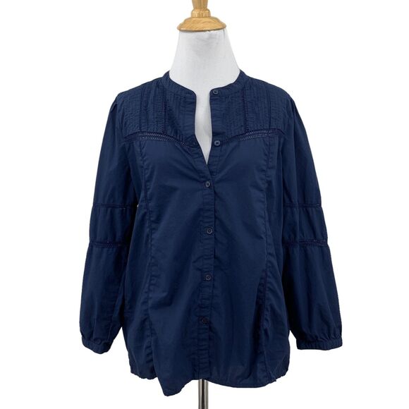 Lucky Brand Top Womens M Medium Blue Button Up Collarless Pintuck Boho Blouse - Picture 1 of 11